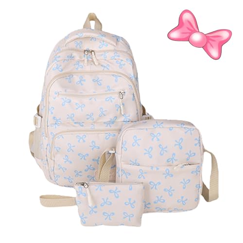 3Pcs Set Bow Backpack for Girls, Aesthetic Cute Bow Backpack Set Daypack Rucksack Large Capacity, Cute Daypack Rucksack for Travel with lunchbox (Blue)