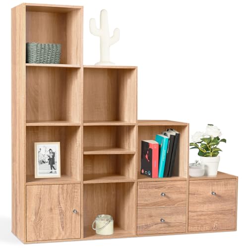 IDMarket - Meuble de Rangement en escalier Liam 4 Niveaux Bois façon hêtre avec Porte et tiroirs