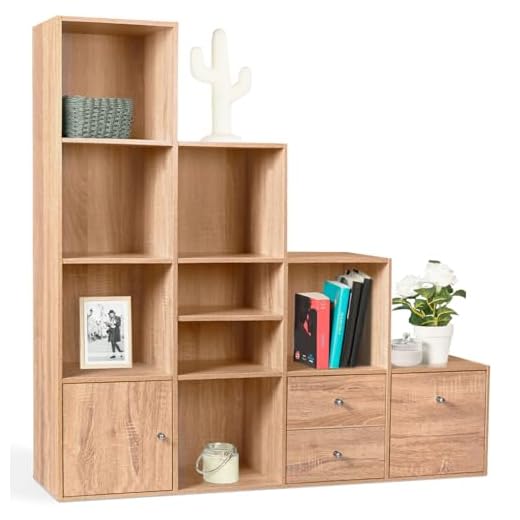 IDMarket - Meuble de Rangement escalier 4 Niveaux Bois façon hêtre avec Porte et tiroirs