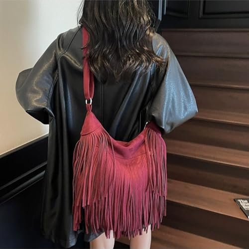 Image of Women Vintage Suede Fringe Hobo Bag Tote Shoulder Bag Crossbody Bag and Hippie Western Cowgirl Purse Shoulder Bag