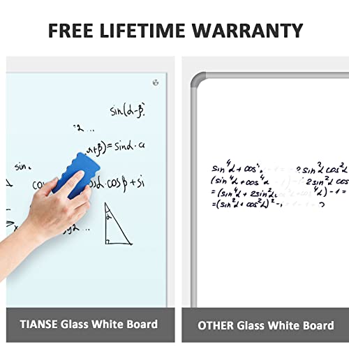 Tianse Glass Whiteboard, Magnetic Dry Erase White Board - 48" X 36" Large Frameless Clear Wall Hanging Mount Whiteboard For Office, Home, School, Includes Markers, Magnets, Marker Tray, Eraser #TOP3