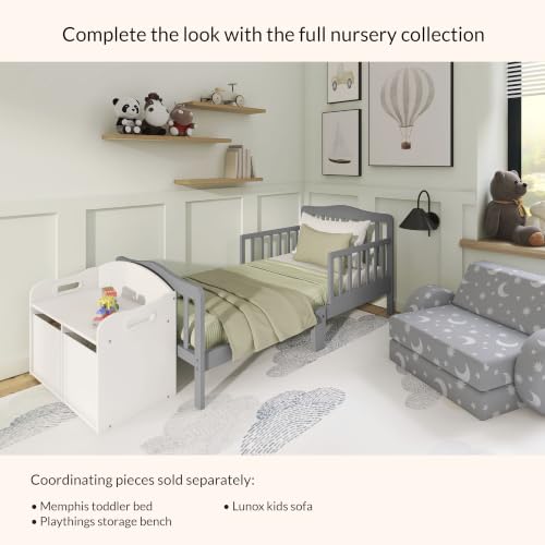 Image of Dream On Me Classic Design Toddler Bed, GREENGUARD Gold, Steel Grey | Slatterd Curved Design, Low to Floor Bed, 2 Safety Guard Rails, Sturdy Wooden Frame, 50 Lb Limit, BSA Verified