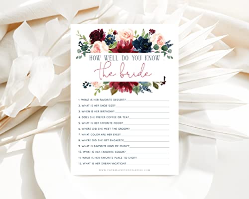 Your Main Event Prints \"How Well Do You Know The Bride Navy Burgundy 50 Pack Floral Bridal Wedding Shower or Bachelorette Party Game - Guessing Question Pack for Engagement Parties - Thumbnail 6