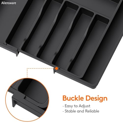 Image of Aliensware Expandable Slider Kitchen Drawer Organizer, BPA Free Utensil, Adjustable Flatware & Cutlery Holder /Divider Tray for Spoons Forks, Knives Tableware Storage-13-22.4 X15X2 inch(8-Slots /Black)