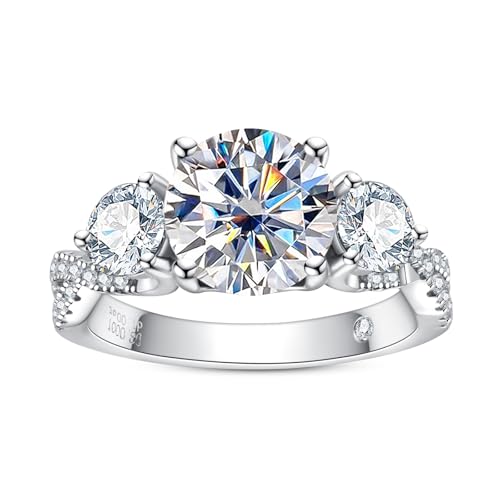 AnuClub Round Cut Moissanite 3 Stone Engagement Rings D Color VVS1 Round Cut 925 Sterling Silver Anniversary Wedding Promise Ring for Women