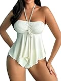 SOLY HUX Tankini Swimsuits for Women Drawstring Halter Bikini Two Piece Bathing Suits Solid Beige Small