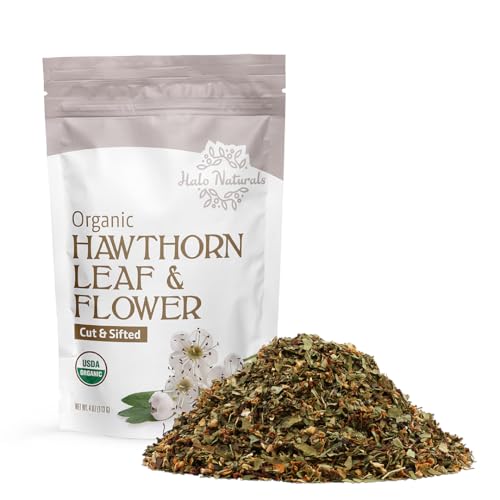 Halo Naturals Organic Hawthorn Leaf & Flower Cut & Sifted 4 Ounces (Crataegus monogyna) Espino Blanco USDA Certified | Resealable Pouch| Packaged in The USA