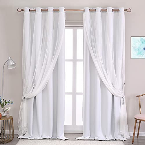 Image of Greyish White Blackout Curtains Set - Double Layers Voile Sheer Light Blocking Draperies with Tie-Backs for Bedroom Windows, 52 x 54 inches, 2 Pieces