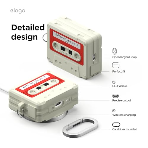 Image of elago Cassette Tape Case Compatible with AirPods Pro 3 Case - Carabiner Included, Supports Wireless Charging, Shock Resistant, Full Protection, Headphone Accessories, for Men, for Women