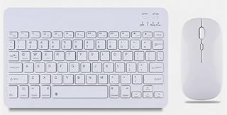 لوحة مفاتيح وماوس بلوتوث بتصميم صغير رفيع للغاية محمول وقابل لإعادة الشحن- (مفاتيح عربي/ إنجليزي) لوحة مفاتيح لاسلكية صغيرة بعمر بطارية يصل إلى 150 ساعة، لون أبيض