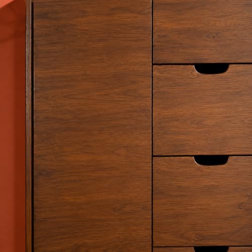 Image of Solid Sheesham Wood Tall Storage Cabinet with Drawers & Door | Wooden Multipurpose Organizer Cabinet for Bedroom Living Room Hallway | Mid Century Style Wardrobe Chest Storage Unit