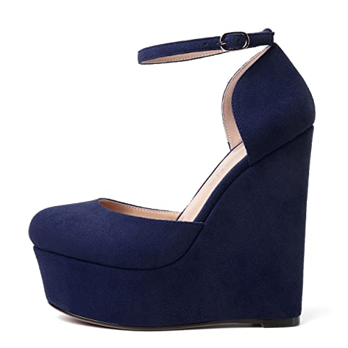 WAYDERNS Womens Ankle Strap Buckle Solid Dress Platform Party Round Toe Suede Wedge High Heel Pumps Shoes 6 Inch2