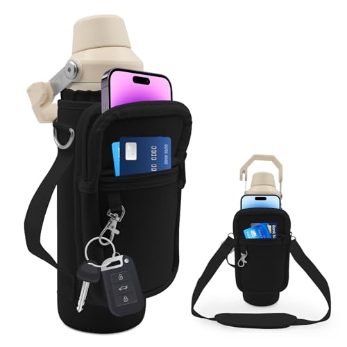 Taladad Water Bottle Holder with Phone Pocket for 24oz Stanley IceFlow Fast Flow with Handle Bottle Carrier Bag with Drawstring, Carrying Strap, Non Slip Shoulder strap for Stanley Cup (Black)