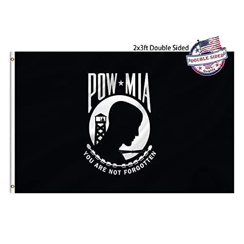 Pow Mia Flag 2x3 Outdoor Double Sided- Heavy Duty 3ply Mia Pow Flags 2 Sided Super Durable 4 Rows Stitched Edge Canvas Header with 2 Brass Grommets You are Not Forgotten Memorial Day Mia Pow Flag