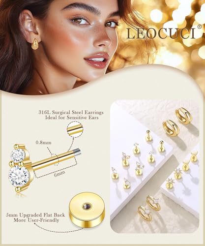 Flat Back Stud Earrings for Women Gold Plated Earring Set Hypoallergenic Cartilage Earrings Helix Piercing Jewelry Surgical Stainless Steel Chunky Huggie Hoops3