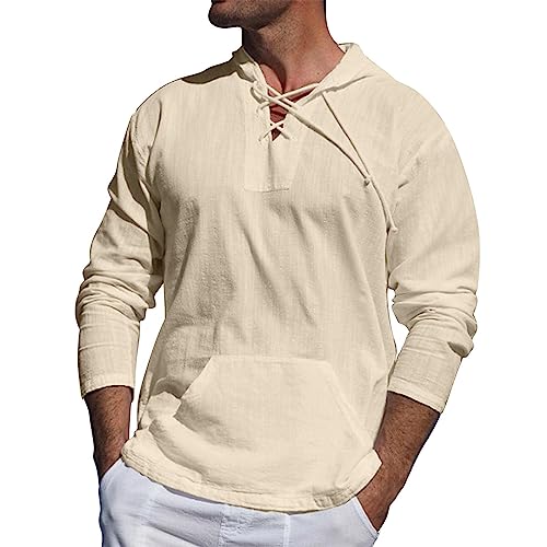 Mens Hoodies Long Sleeve Cotton Linen Lace Up Tshirts Beach Fashion Pullover Sweatshirts Casual Solid Tops