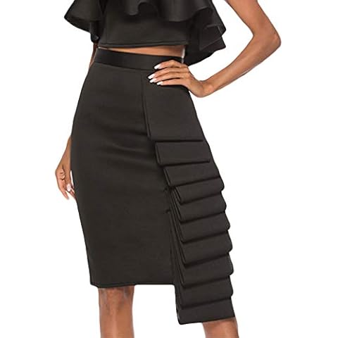 YSJERA Women's High Waist A-Line Pleated Solid Vintage Swing Maxi Skirts Midi Skirt Party (M,Midi Ruffle Black) Cover