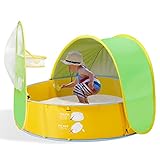 FBSPORT Baby Beach Tent, 50+ UPF Pop Up Pool Tent Sun Shelter, Kids Ball Pit Tent Baby Padding Pool, with Sunshade Canopy Basketball Hoop, Portable Beach Backyard Play Tent Toys for Indoor Outdoor