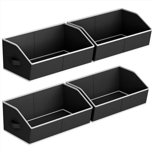 Image of Homsorout Storage Bins for Shelves - Large Trapezoid Closet Shelf Organizer, Fabric Organization Bins with Handles, Storage Baskets for Clothes, Towel, Blanket, 4 Pack, Black