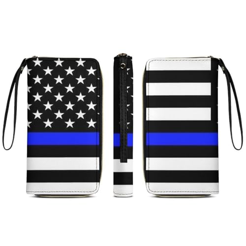 Smooth zipper Leather Wallet for Women Men Water-resistant and Secure and Durable American Thin Blue Line Flag Police Pattern Black Wallets Gift for Birthday3