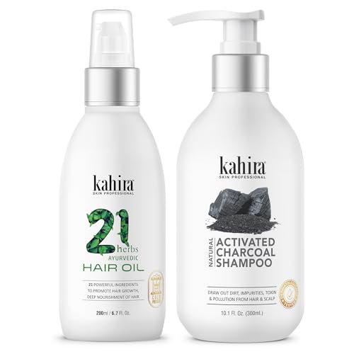 Image of Deep Cleansing Combo: 21 Herbs Ayurvedic Hair Oil (200ml) & Natural Activated Charcoal Shampoo (300ml) - Draw Out Dirt, Impurities & Pollution for Scalp Detox & Hair Growth