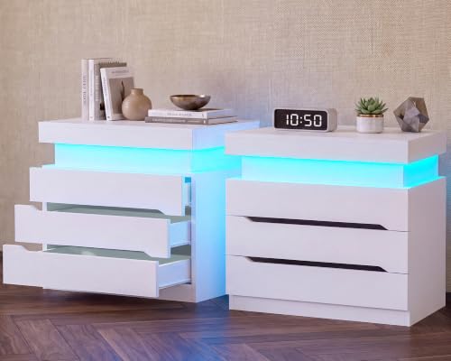 Image of TEENFON Nightstands Set of 2, Night Stand with 3 Drawers, Nightstand with App-Controlled Adjustable LED Light, Bedside Table with Slidable Hidden Storage Space, Modern Nightstands for Bedroom,White