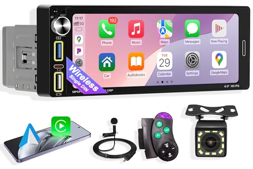 Single Din Car Stereo with Wireless Apple CarPlay & Android Auto, Designed for Older Vehicles, Bluetooth Hands-Free, FM Radio, Backup Camera Support