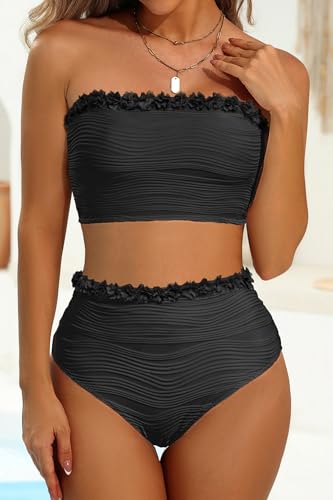 Image of High Waisted Bandeau Bikini Set - Women Strapless Two Piece Swimsuits Ribbed Longline Full Coverage Bathing Suits Swimwear