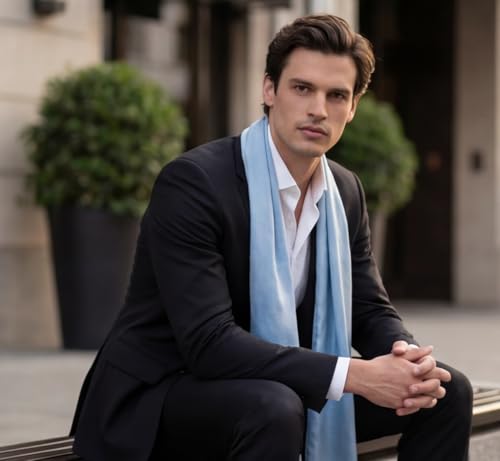 Bufanda de seda hombre 180x80 cm pañuelo chal de gasa para traje azul 4