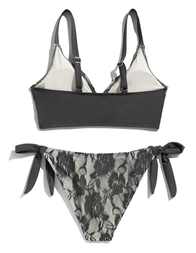 Image of seamoly 2 Pieces Lace Bikini V-Neck Swimsuits for Women Tie Side Bikini Set Classic Black S