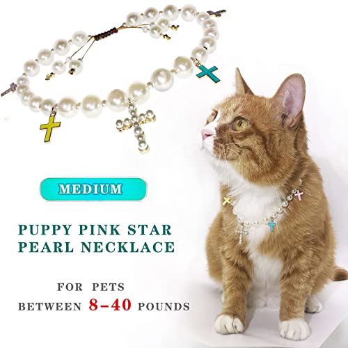 Fluorescent Lighted Dog Cat Collar Personalized 2 Pieces Pet Pearl Necklaces Adjustable Handmade Collar Para Gatos Frenchie Gog Accessories For Birthday Party Wedding (Fluorescence + Pearl, Medium) #TOP2