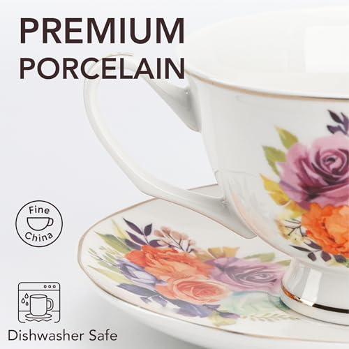 BTaT- Floral Tea Cups and Saucers, 8 oz, Fine Porcelain Teacup Set with Gold Trim for Afternoon Tea, Weddings, Parties & Gifting, Dishwasher Safe, Lightweight, Non-Toxic, Set of 6 by Brew To A Tea - Used condition - Image 3