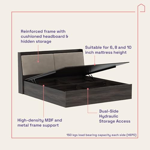 Image of Wakefit Bed | 3 Yr Warranty | King Size Bed, Hydraulic Storage & Foam-Cushioned Upholstery Headboard, Density:680-750 kg /m, Termite & Borer Resistant, Fits Mattresses Up to 8 Inches (Mars78x72 - WM)