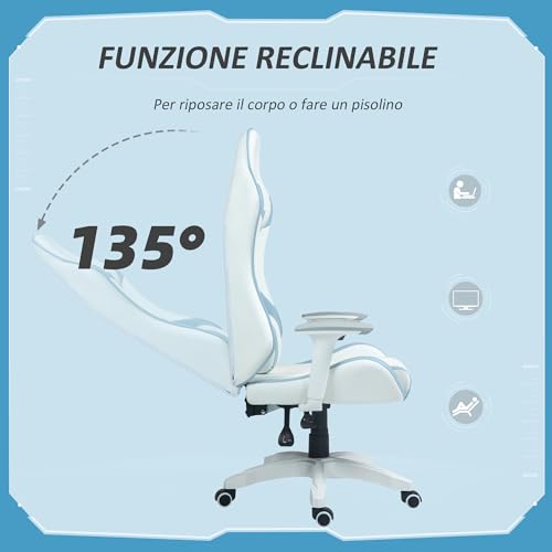 Sedia da Gaming in Finta Pelle Reclinabile a 135°, Sedia per Scrivania Stile Racing con Supporto Lombare, Poggiatesta e Altezza Regolabile, Azzurro - Sedia gaming - Immagine 4