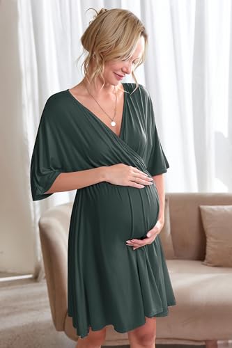 Ekouaer 3 in 1 Labor/Delivery/Hospital Gown Maternity Dress Nursing Nightgown Sleepwear for Breastfeeding, Dark Green, XXX-Large