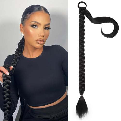 Charsun 26 inch Long Braided Ponytail Extensions for Women, Straight Wrap Around Hair Extensions With Hair Tie, Natural Soft DIY Synthetic Ponytail Daily Wear (Natural Black)