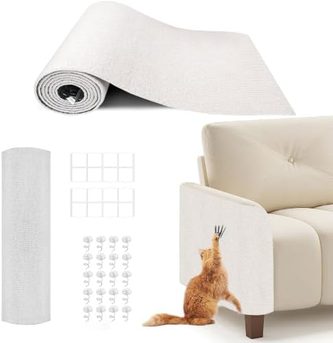 Bumaigo 78.7"X15.8" Cat Scratching Mat, Self-Adhesive Cats Carpet, DIY Scratch Furniture Protector for Couch, Sofa, Wall & Doors, Durable Cat Scratch Guards Couch Cats Scratcher from Claw (Off White)