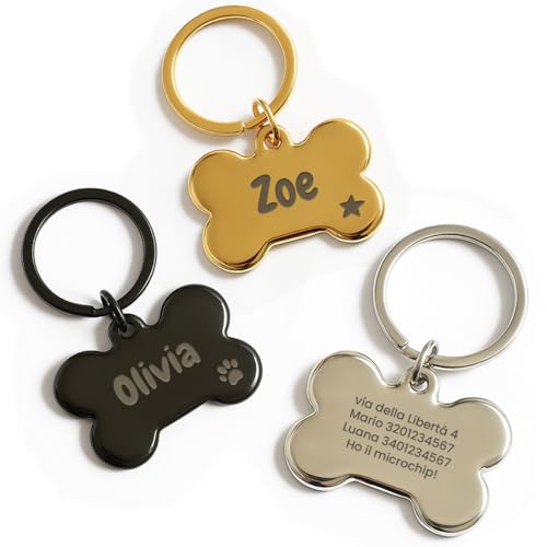 LASERO Medaglietta Cane Personalizzata a Forma di Osso Bombato in Acciaio 40×25 mm, 30g – Targhetta Cane con Incisione Laser di Nome e Dati – 3 Colori (Argento, Nero, Oro)