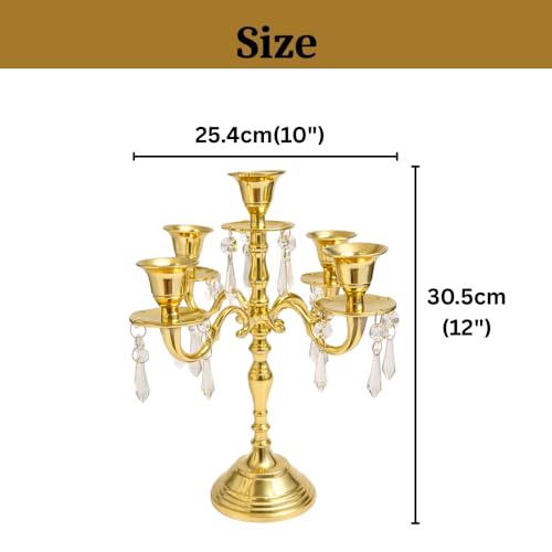 Image of Premium 12 Inch Golden Aluminum 5-Arm Candle Stand with Crystal Hangings | Luxury Centerpiece for Home Decor, Weddings, Festive Decoration & Dining Table
