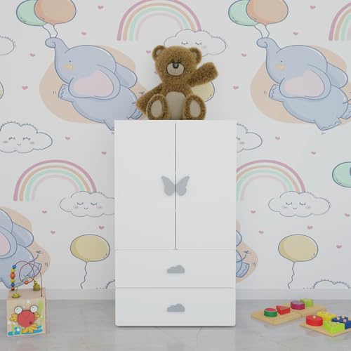 Image of VIKI Kids Wardrobe Almirah - 2 Door Kids Storage Cabinet with Hanging Rod & 2 Drawers for Bedroom, White (40x60x102 cm) | 1 Year Warranty