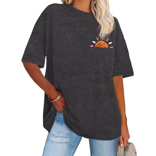 Womens Oversized Tshirt Graphic Tees Crew Neck Summer Short Sleeve Loose Fit Tops, Grey Orange Sun, S