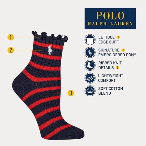 Polo Ralph Lauren Women's Lettuce Edge Stripe Ankle Sock, Navy, Women's 4-104