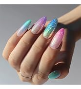 Almond Press on Nails Medium Rainbow Fake Nails with Design Gradient Blue Pink False Nails Colorf...