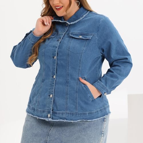 Agnes Orinda Plus Size Denim Jackets for Women Frayed Hem Classic Washed Jean Jacket2