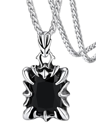 Image of FaithHeart Black Onyx Necklace, Men's Stainless Steel Punk Claw Pendant Simulated Gemstone Neck Chain, Stunning Gifts for Valentines Day Graduations