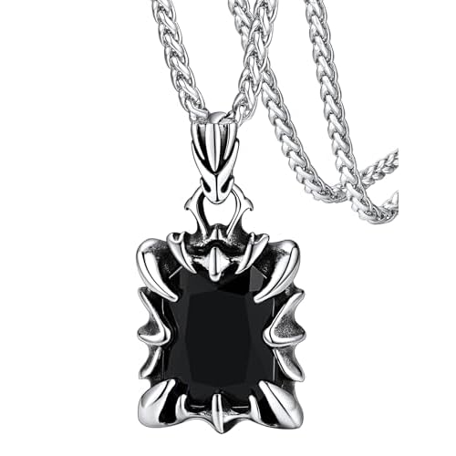 FaithHeart Gothic Dragon Claw Necklace for Men, Punk Biker Stainless Steel Amulet Pendant with Black/Red/Green/Blue Gemstone, Gift Box Black Stone-Silver