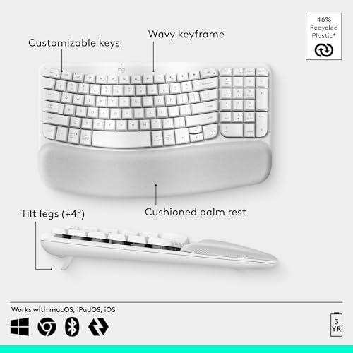 Image of Logitech Wave Keys Wireless Ergonomic Keyboard with Cushioned Palm Rest, Comfortable Natural Typing, Easy-Switch, Bluetooth, Logi Bolt Receiver, for Multi-OS, Windows /Mac - Off White