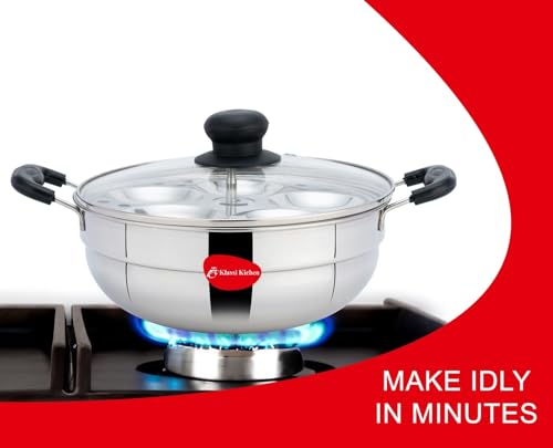 Image of Klassi Kichen Stainless Steel Multi Kadai WIth Glass Lid Induction & Standard Idli Maker (2 Plates,10 Idlis)