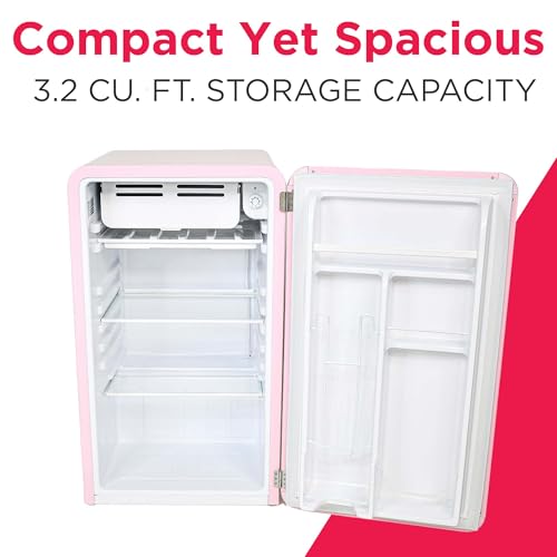 Frigidaire Retro Compact Refrigerator with Chiller, 3.2 cu ft Countertop Fridge, Built-In Bottle Opener, Rounded Corners, Premium, for Office, Bedroom, Dorm Room, Cabin, 18.5D x 20W x 31.5H (Pink) on Fridge.com