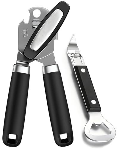 2PCS Can Opener Manual & Bottle Opener, Smooth Edge Manual Can Openers with Strong Magnet, Heavy Duty Stainless Steel Abrelatas Handheld Can Openers - Premium Kitchen Supplies (Black)